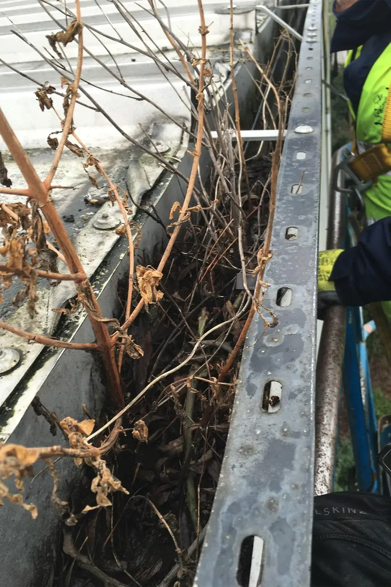Gutter cleaning equipment removing leaves and debris