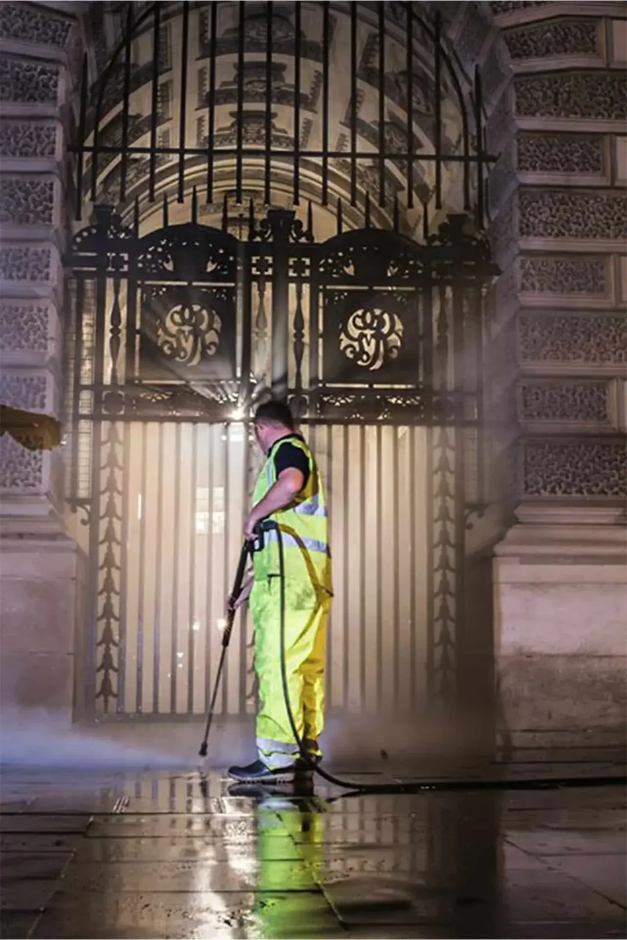 Commercial pressure washing in progress