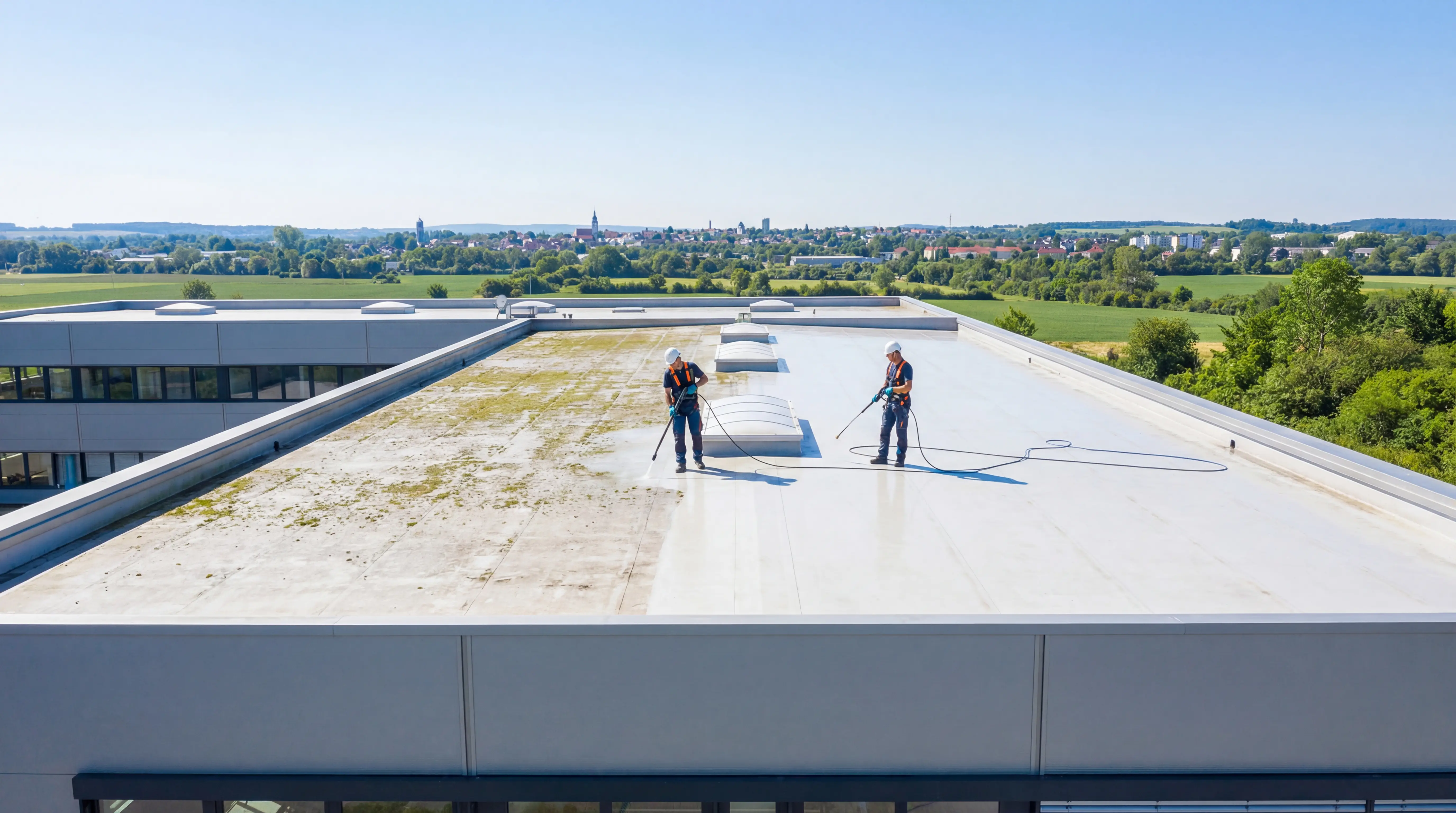 Commercial roof cleaning by DMC FM — removing moss and algae from a commercial property