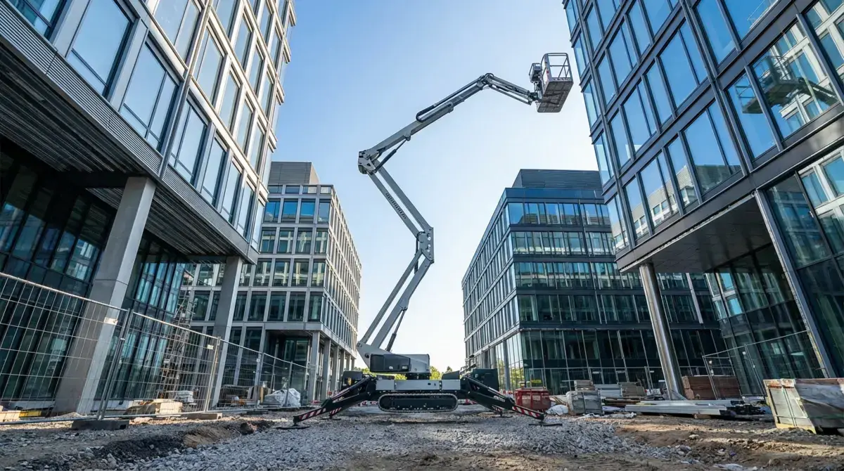Spider cherry picker extended to full height between commercial buildings, dramatic low-angle perspective